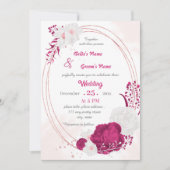 fuchsia & white floral wreatbruiloft kaart (Voorkant)