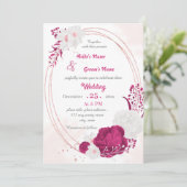 fuchsia & white floral wreatbruiloft kaart (Staand voorkant)