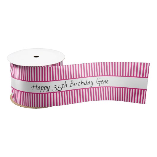 Fuchsia/White Stripe Pattern Happy Birthday Satijnen Lint (Spoel)