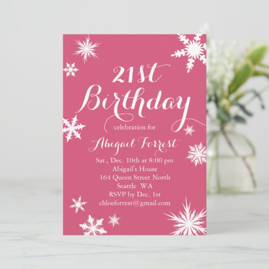 Fuchsia Winter 21e verjaardag Uitnodiging (Staand voorkant)
