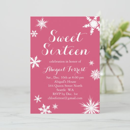 Fuchsia Winter Sweet Sixteen Uitnodiging (Staand voorkant)