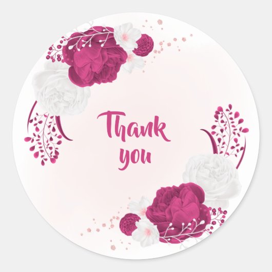 Fuchsia & witte bloemen dank u ronde sticker (Voorkant)