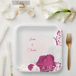 fuchsia & witte bloemige bruiloft papieren bordje