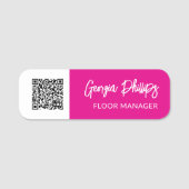 Fuchsia & Witte QR Code Brush Script Naamplaatje (Voorkant)
