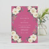 Fuchsia Witte Roos Bruiloft Kaart (Staand voorkant)