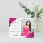 Fuchsia & Zilveren Tiara Quinceañera Fotokaart Briefkaart (Staand voorkant)