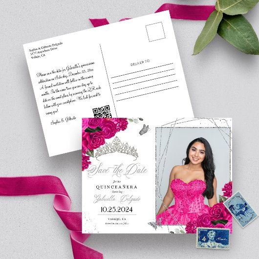 Fuchsia & Zilveren Tiara Quinceañera Fotokaart Briefkaart