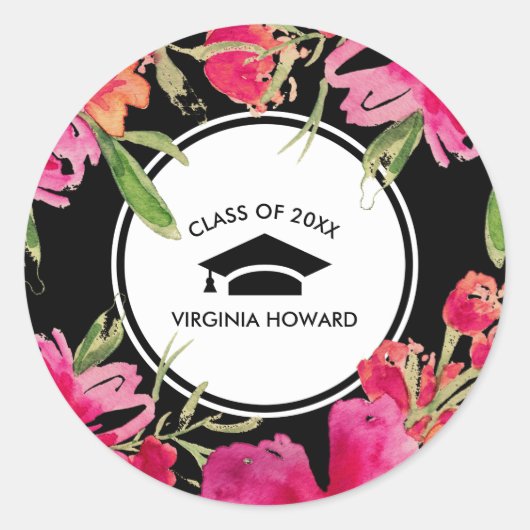 Fuchsia Zwart Bloemen Afstuderen Ronde Sticker (Voorkant)