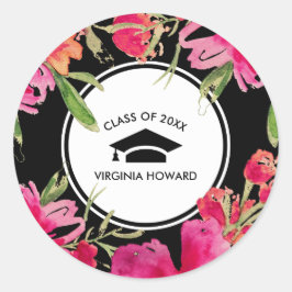 Fuchsia Zwart Bloemen Afstuderen Ronde Sticker