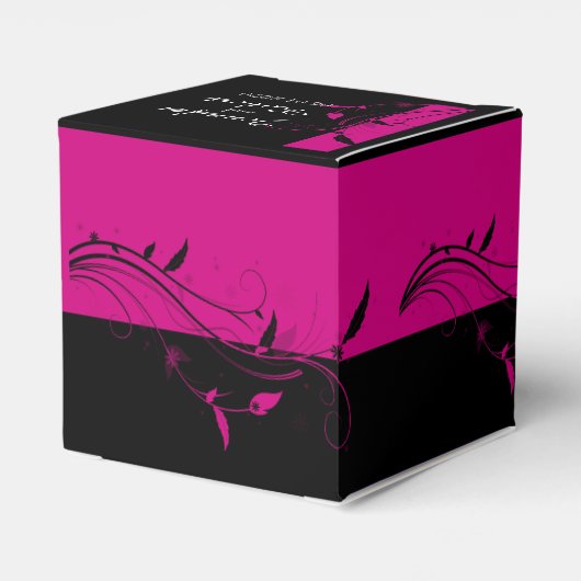 Fuchsia zwart bloemenfiligraan bruiloft gunst doos bedankdoosjes (Achterkant)