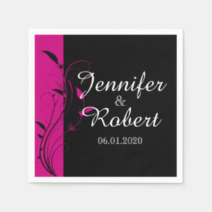 Fuchsia zwart bloemenfiligraan bruiloft servet