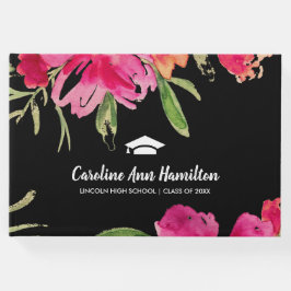 Fuchsia | Zwart bloemig Afstuderen Gastenboek