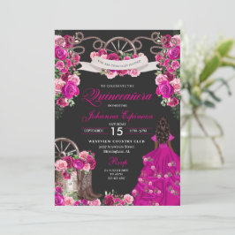 Fuchsia & Zwart Cowgirl Western Charro Quinceanera Kaart