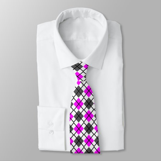 Fuchsia, zwart, grijs op White Argyle Print Neckti Stropdas (Gebonden)