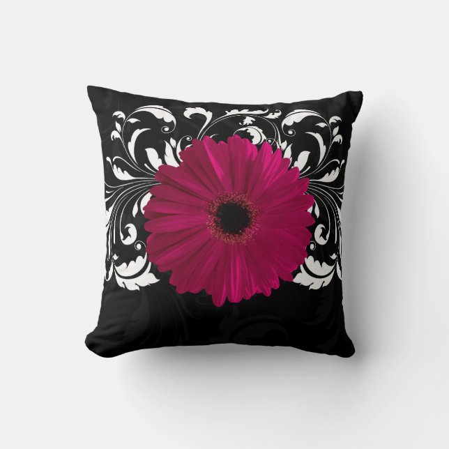 Fuchsia, zwart/wit Gerbera Daisy Kussen (Voorkant)