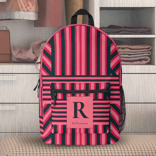 Fuchsia Zwarte Art Deco Chevron Streep Monogram Bedrukte Rugzak