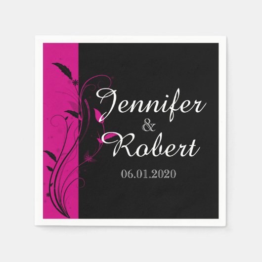Fuchsia Zwarte Bloemengarituur Bruidsservet Servet (Voorkant)