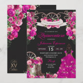Fuchsia & Zwarte Cowgirl Western Charro Quinceaner Kaart (Voorkant / Achterkant)