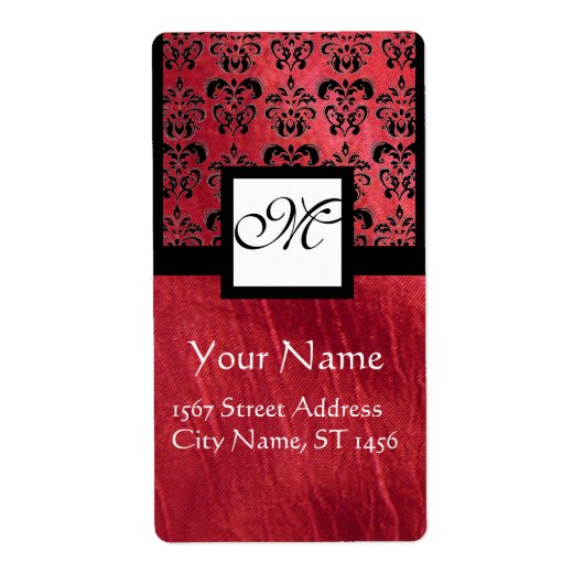 FUCHSIA ZWARTE RODE SILK DAMASK, SQUARE MONOGRAM ETIKET (Voorkant)