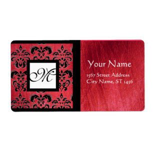FUCHSIA ZWARTE RODE SILK DAMASK, SQUARE MONOGRAM ETIKET