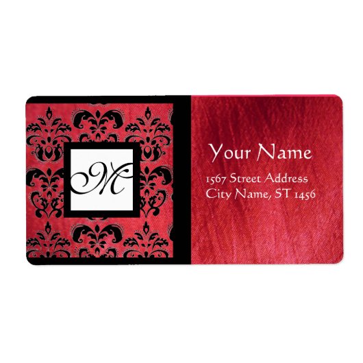 FUCHSIA ZWARTE RODE SILK DAMASK, SQUARE MONOGRAM ETIKET (Voorkant)