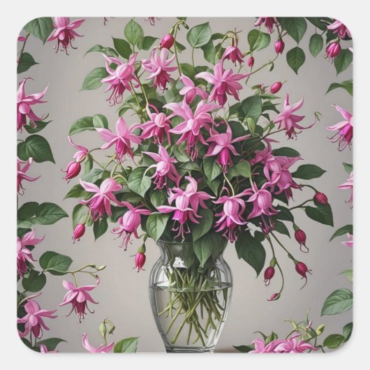 Fuchsias bloemen in vaas vierkante sticker (Voorkant)