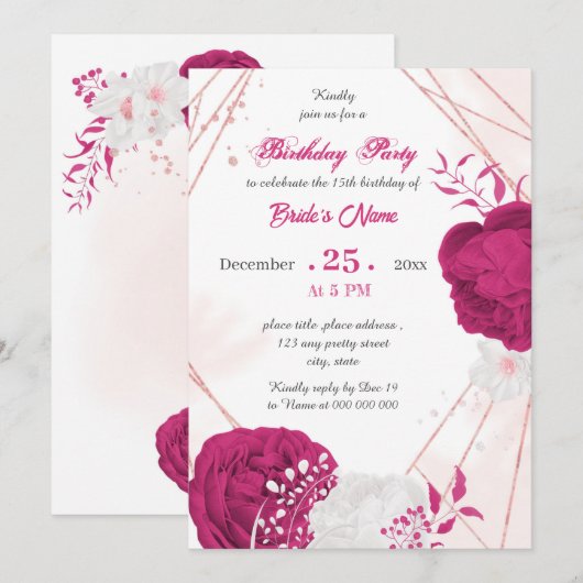 fuchsie en witte florale geometrische verjaardagsf kaart (Voorkant / Achterkant)