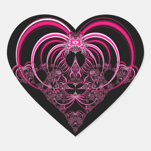 Fuchsie en zwart fractal hart sticker (Voorkant)