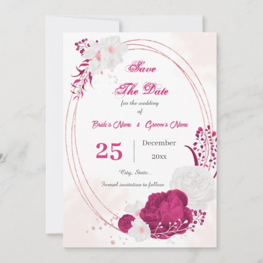  fuchsie & witte florale geometrische save the date (Voorkant)
