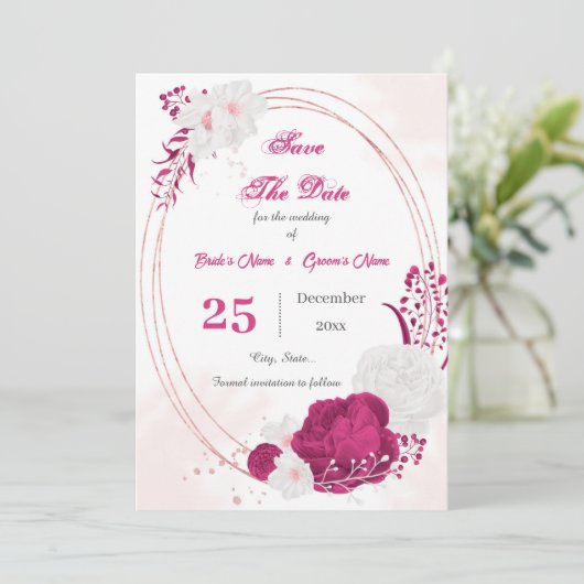 fuchsie & witte florale geometrische save the date (Staand voorkant)