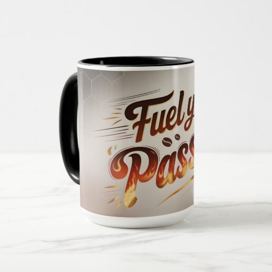 Fuel Your Passion Coffee Cup – Bold Flame-geïnspir Mok (Voorkant links)