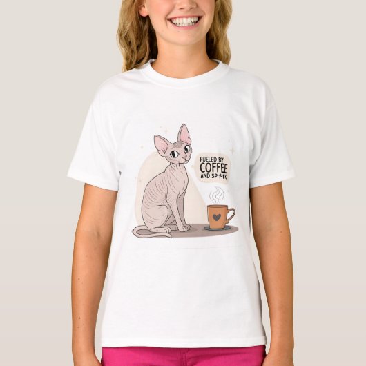 Fueled by Coffee and Sphynx Cat Illustration T-shirt (Voorkant)