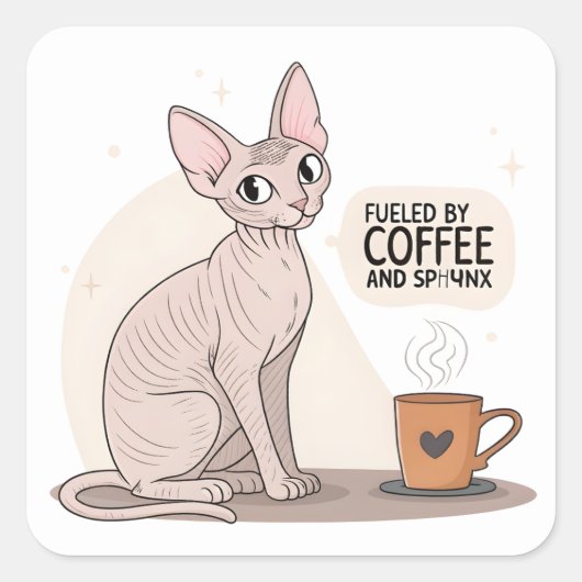 Fueled by Coffee and Sphynx Cat Illustration Vierkante Sticker (Voorkant)