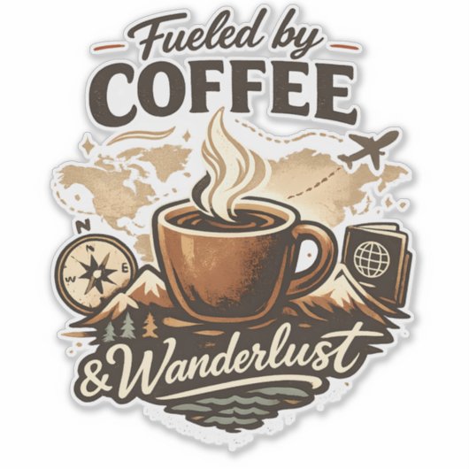 Fueled by Coffee & Wanderlust Sticker (Voorkant)