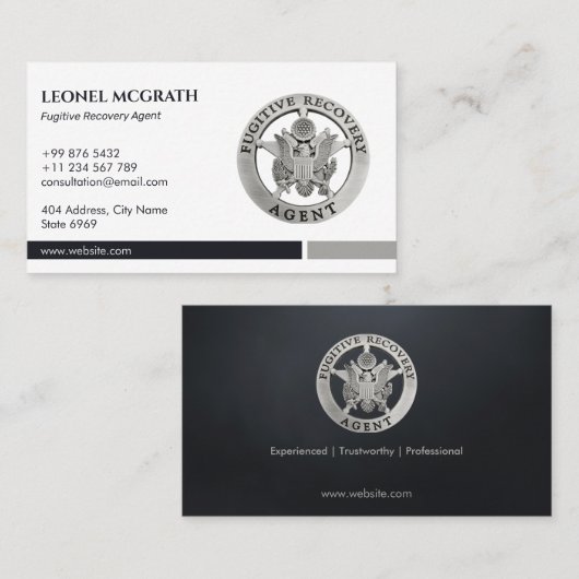 Fugitive Recovery Agent | Elegant zwart zilver Visitekaartje (Voorkant / Achterkant)