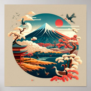 Fuji met een Japans landschap in  stijl. Poster