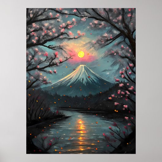 Fuji Sunset Cherry Blossom Mountain Art Poster (Voorkant)