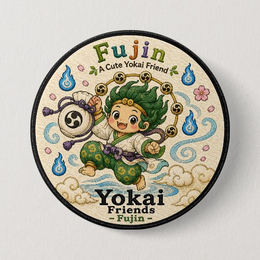 Fujin Japanese Wind God Yokai Pin Button (Voorkant)