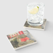 Fuku Kaeru 福 か る Fortune Frog met Red Yodarekake Stenen Onderzetter (Zijkant)