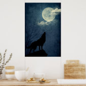 Full Blue Moon Howling Wolf Silhouette Poster (Keuken)