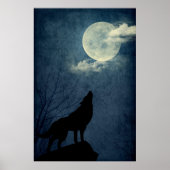 Full Blue Moon Howling Wolf Silhouette Poster (Voorkant)