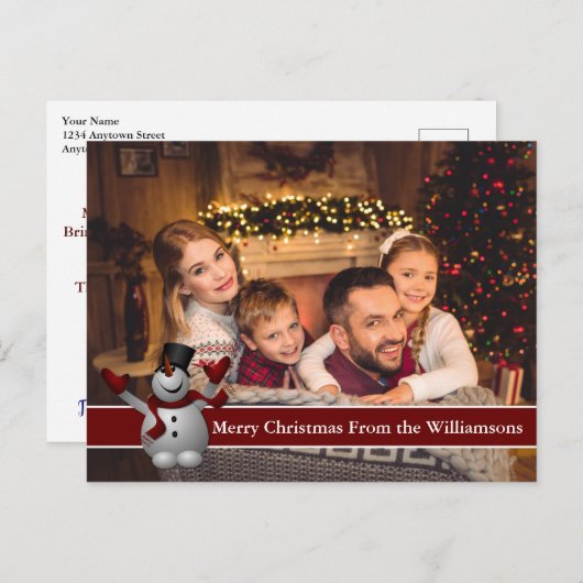 Full Briefkaart Photo Snowman met rode tekstband (Voorkant / Achterkant)