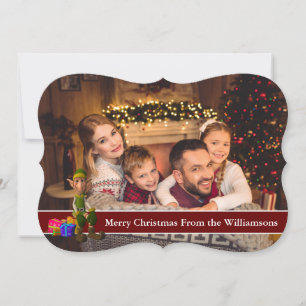 Full Card Photo en Elf met Red Text Band Fancy Feestdagenkaart