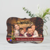 Full Card Photo en Elf met Red Text Band Fancy Feestdagenkaart (Staand voorkant)