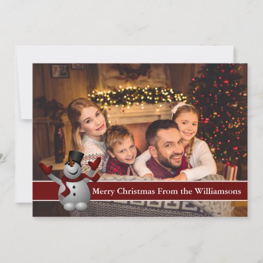 Full Card Photo Snowman met rode tekstband Feestdagenkaart (Voorkant)