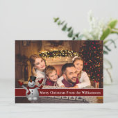 Full Card Photo Snowman met rode tekstband Feestdagenkaart (Staand voorkant)