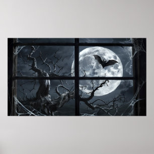 Full Moon Bat Poster - Gothic Window Uitzicht Art