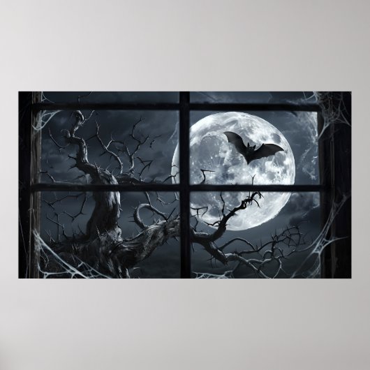 Full Moon Bat Poster - Gothic Window Uitzicht Art (Voorkant)