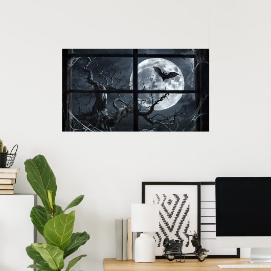 Full Moon Bat Poster - Gothic Window Uitzicht Art (Thuiskantoor)