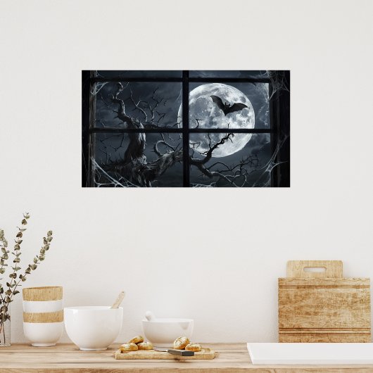 Full Moon Bat Poster - Gothic Window Uitzicht Art (Keuken)